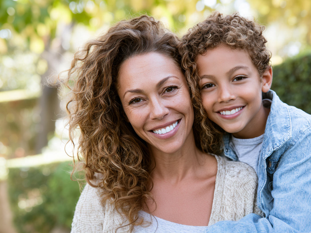Smiling woman and child standing outdoors in soft sunlight, with greenery blurred in the background.