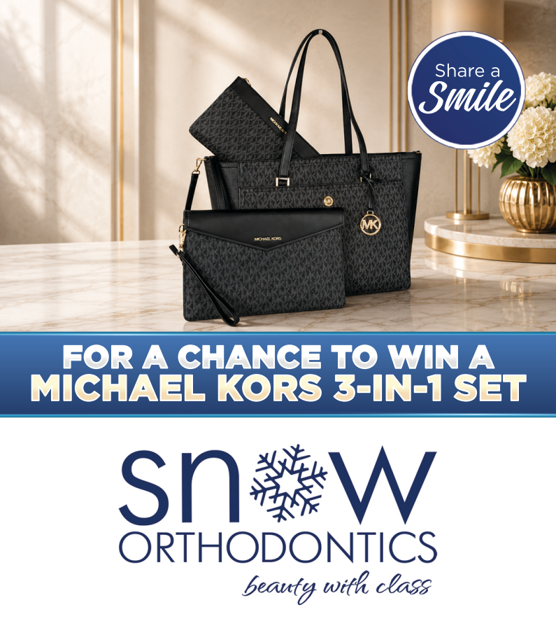 Snow Orthodontics promo for a chance to win a Michael Kors 3-in-1 set, with black bags and “Share a Smile” badge