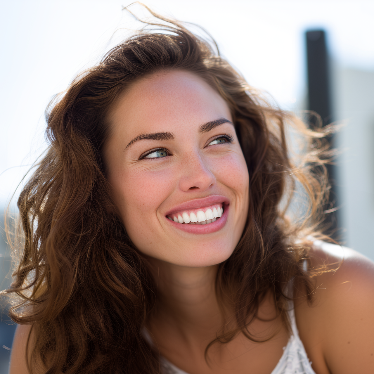 A person with wavy brown hair smiling brightly while looking off to the side in a sunlit outdoor setting.