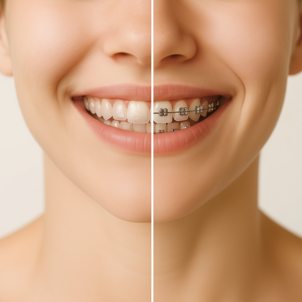 A split-screen comparison: one side shows clear aligners on teeth, the other shows traditional metal braces.