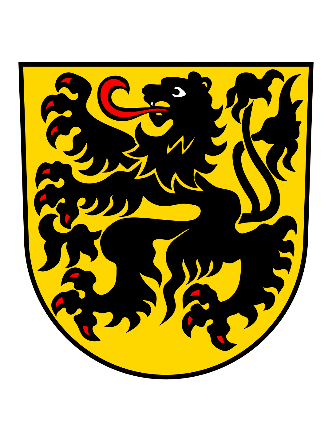 Écu jaune au lion rampant couronné de noir et aux accents rouges, ressemblant à un blason héraldique.