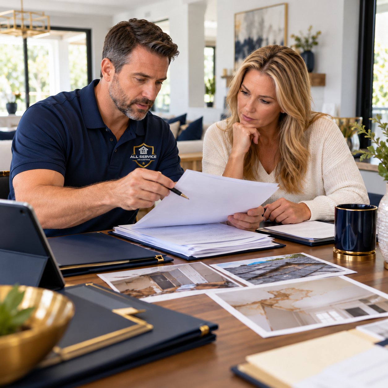 All Service Adjusting representative discussing property insurance paperwork with homeowners