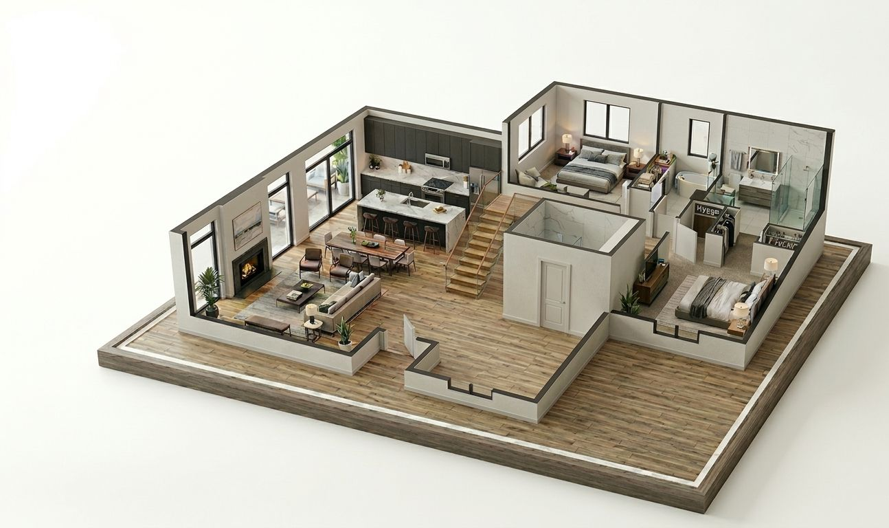 3D floor plan of a modern one-story home featuring an open kitchen, living area, two bedrooms, and a bathroom.