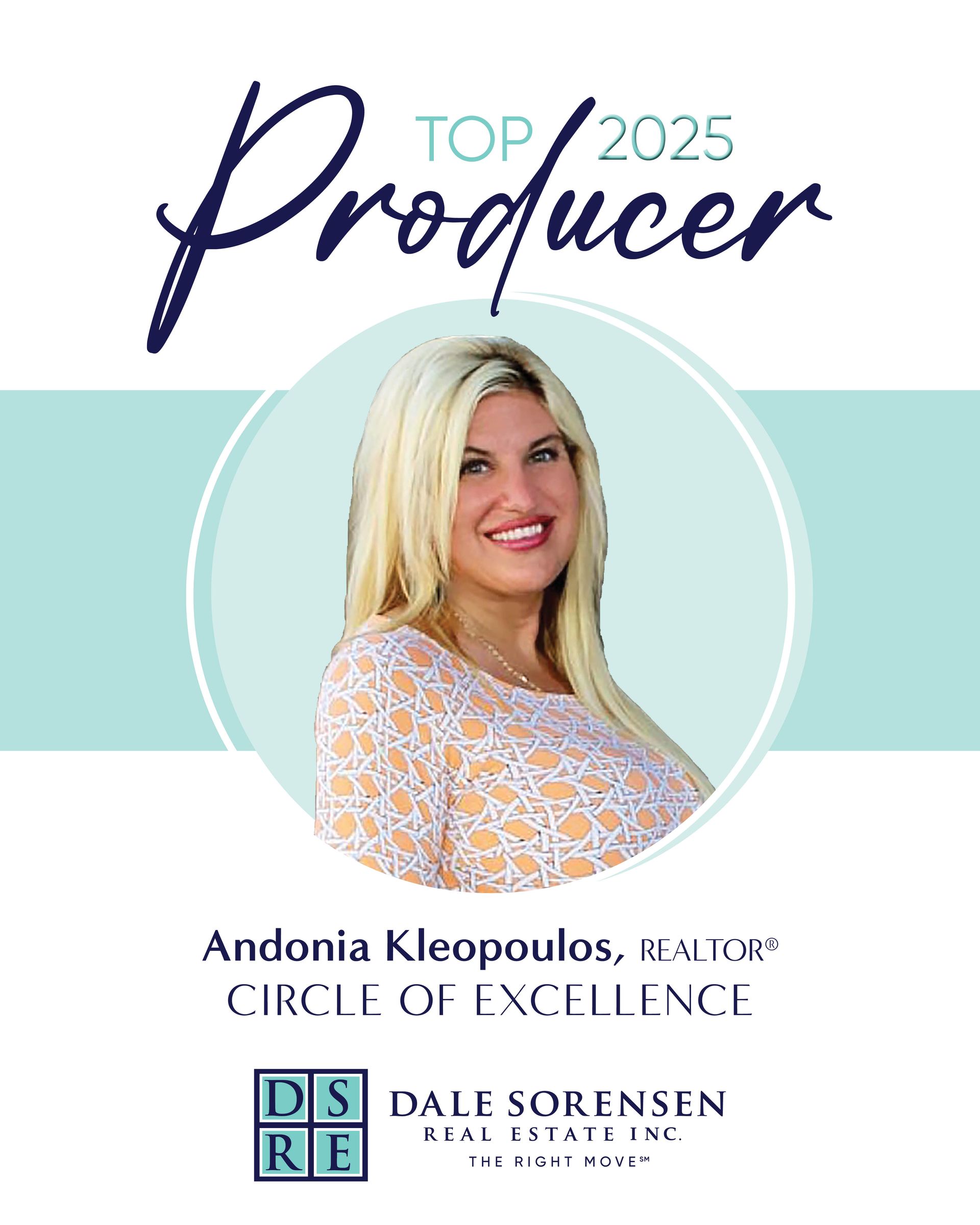 Top Producer award graphic featuring Andonia Kleopoulos, Realtor with Dale Sorensen Real Estate.