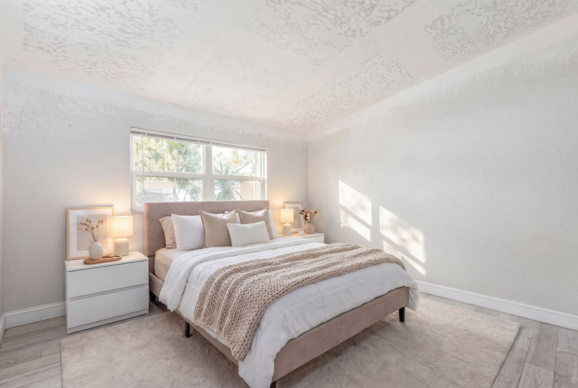 A modern, neutral-toned bedroom with a bed, white nightstand, textured ceiling, and sunlight streaming through a window.