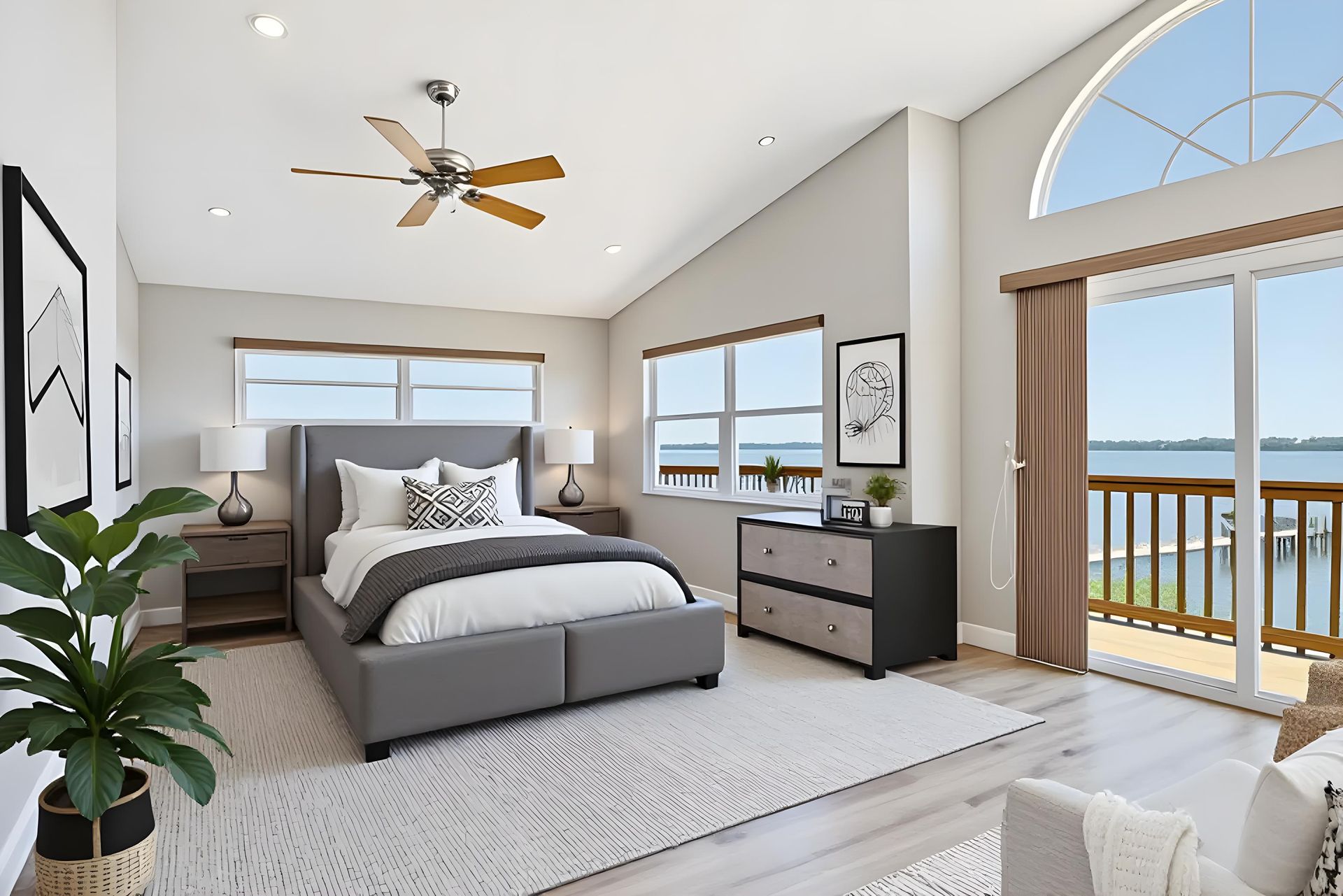 A spacious, modern bedroom with a gray bed, ceiling fan, and sliding glass doors revealing a waterfront balcony view.