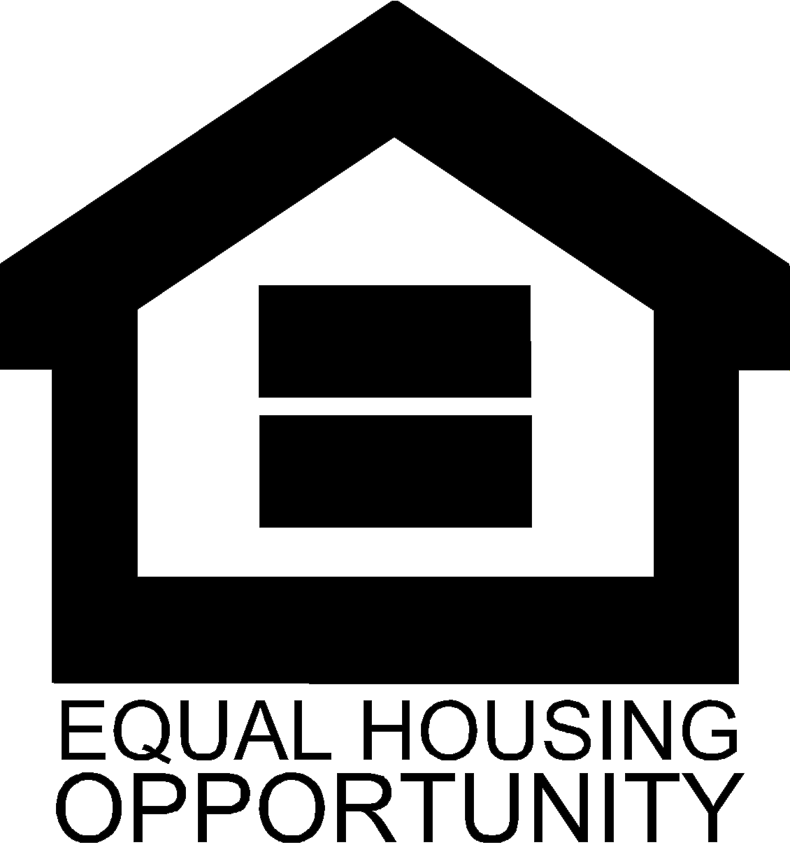 Black and white logo: House shape with equal sign inside, text