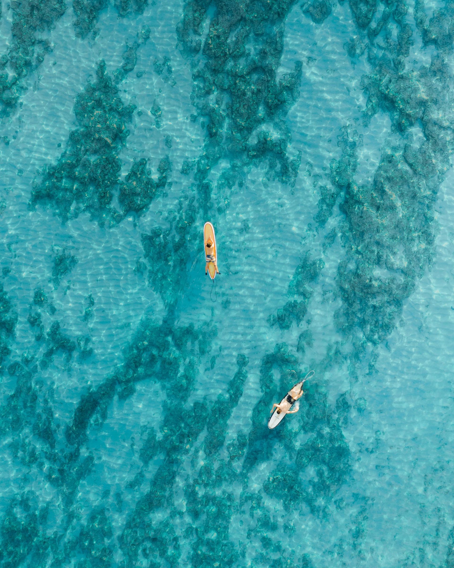 Aerial view of two people on surfboards floating in clear, turquoise tropical water with a coral reef below.