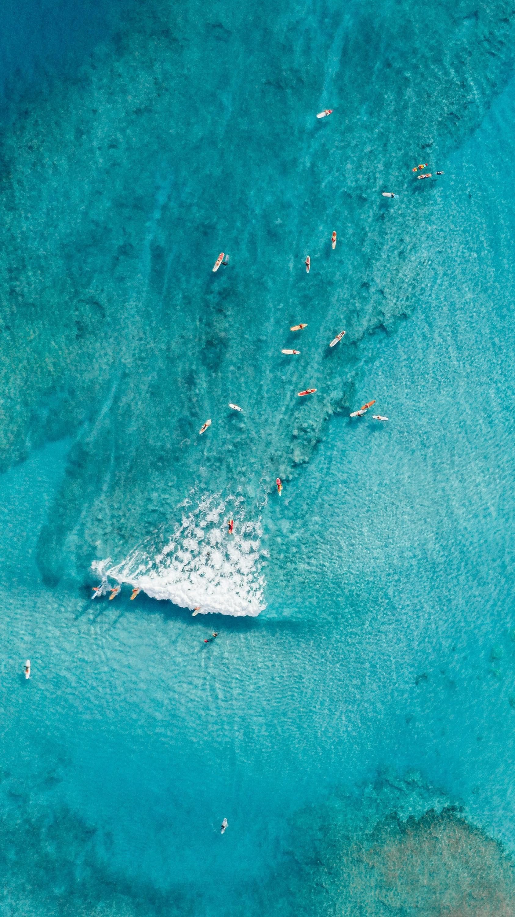 An aerial view of turquoise ocean waters with surfers waiting for a breaking wave near a coral reef.