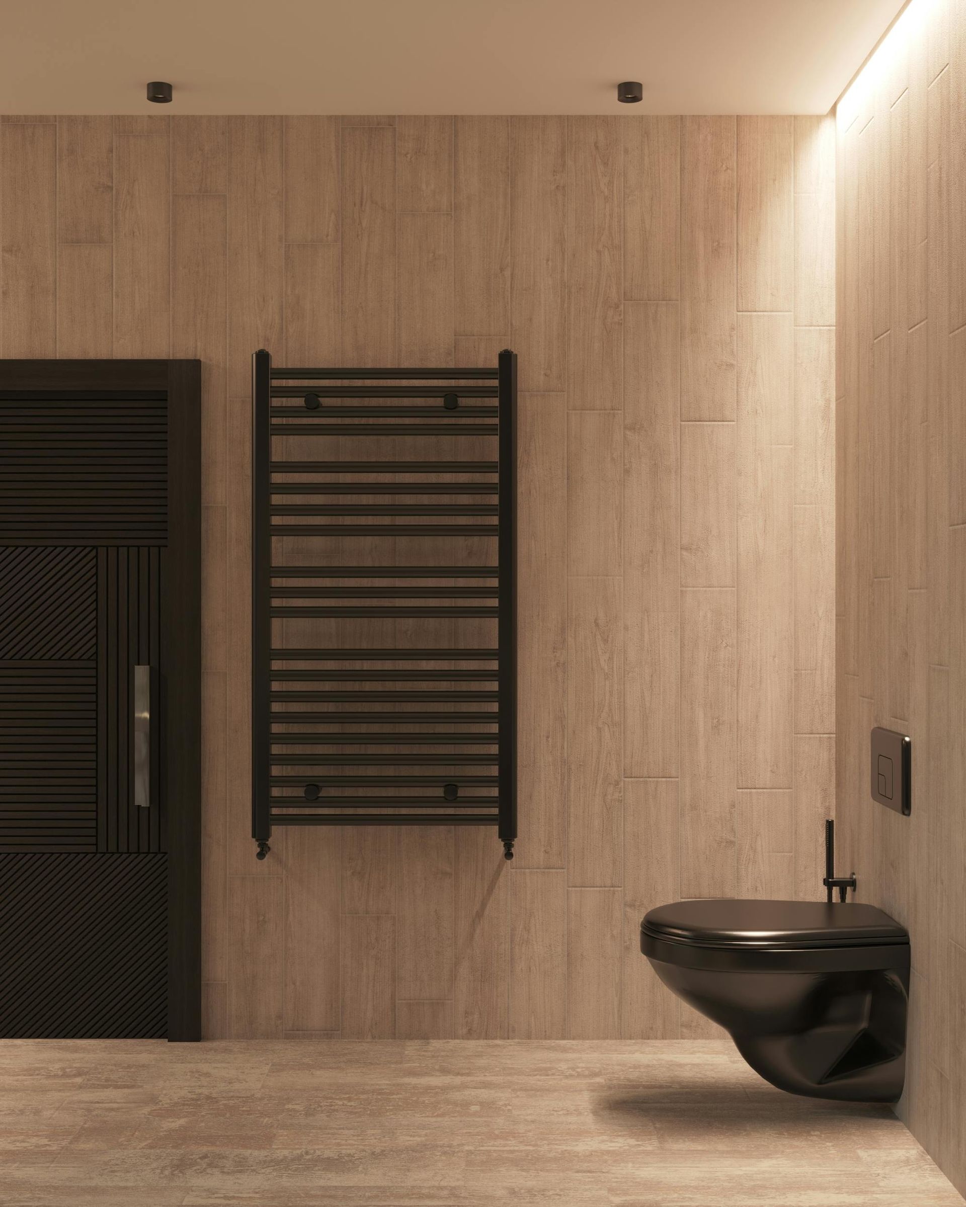 Bathroom with black toilet, towel warmer, and door, featuring neutral-toned walls and floor.