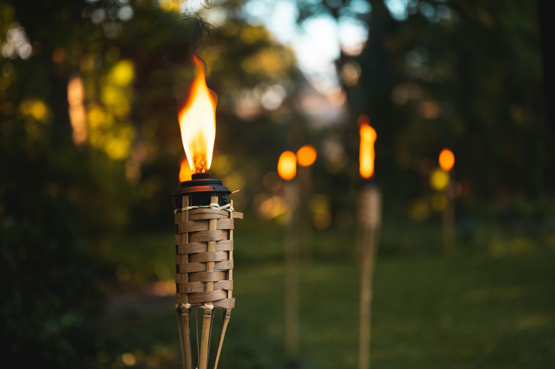 Lit tiki torches line a grassy yard, with flames against a blurred green background.