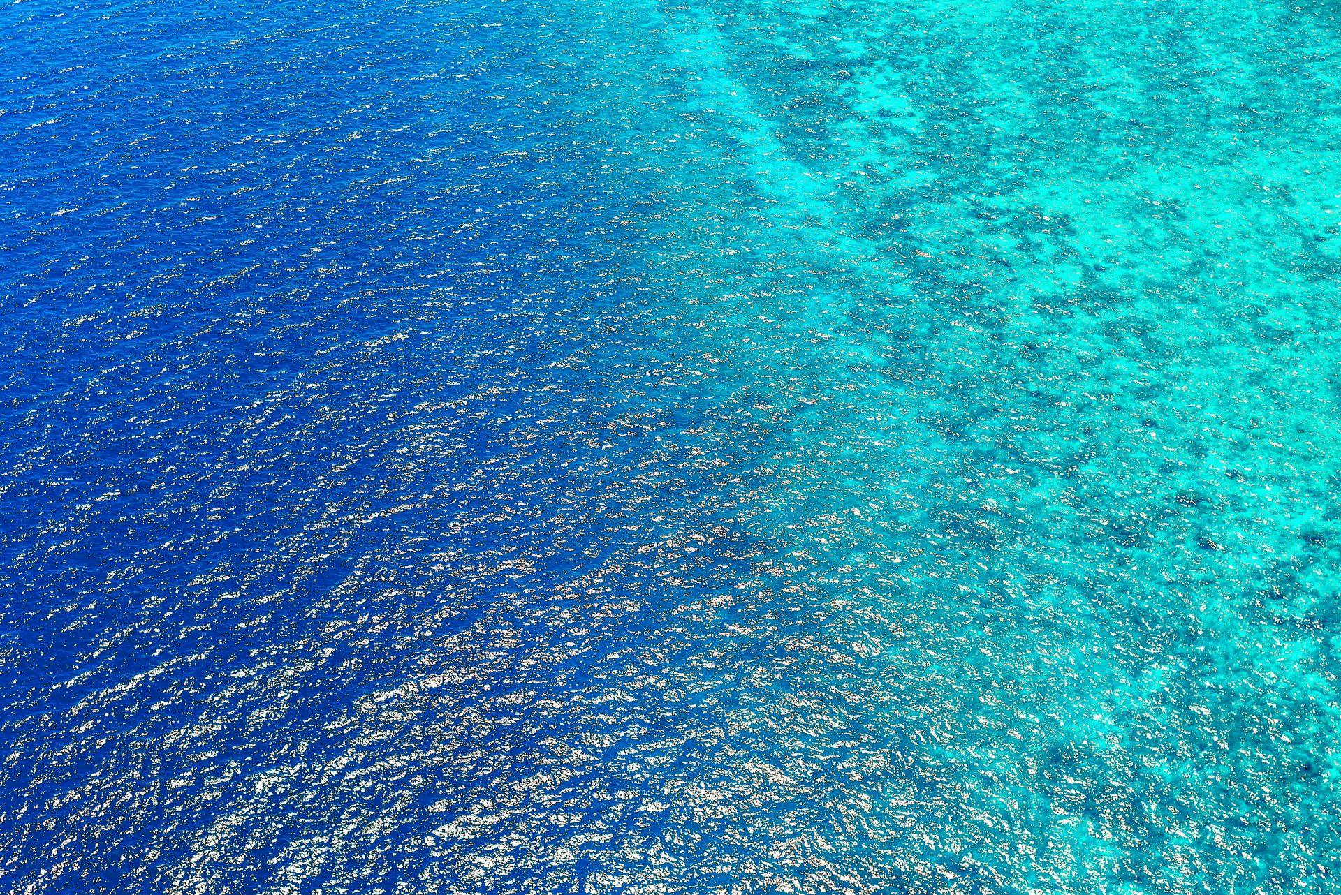 Blue and turquoise ocean water with shimmering surface.