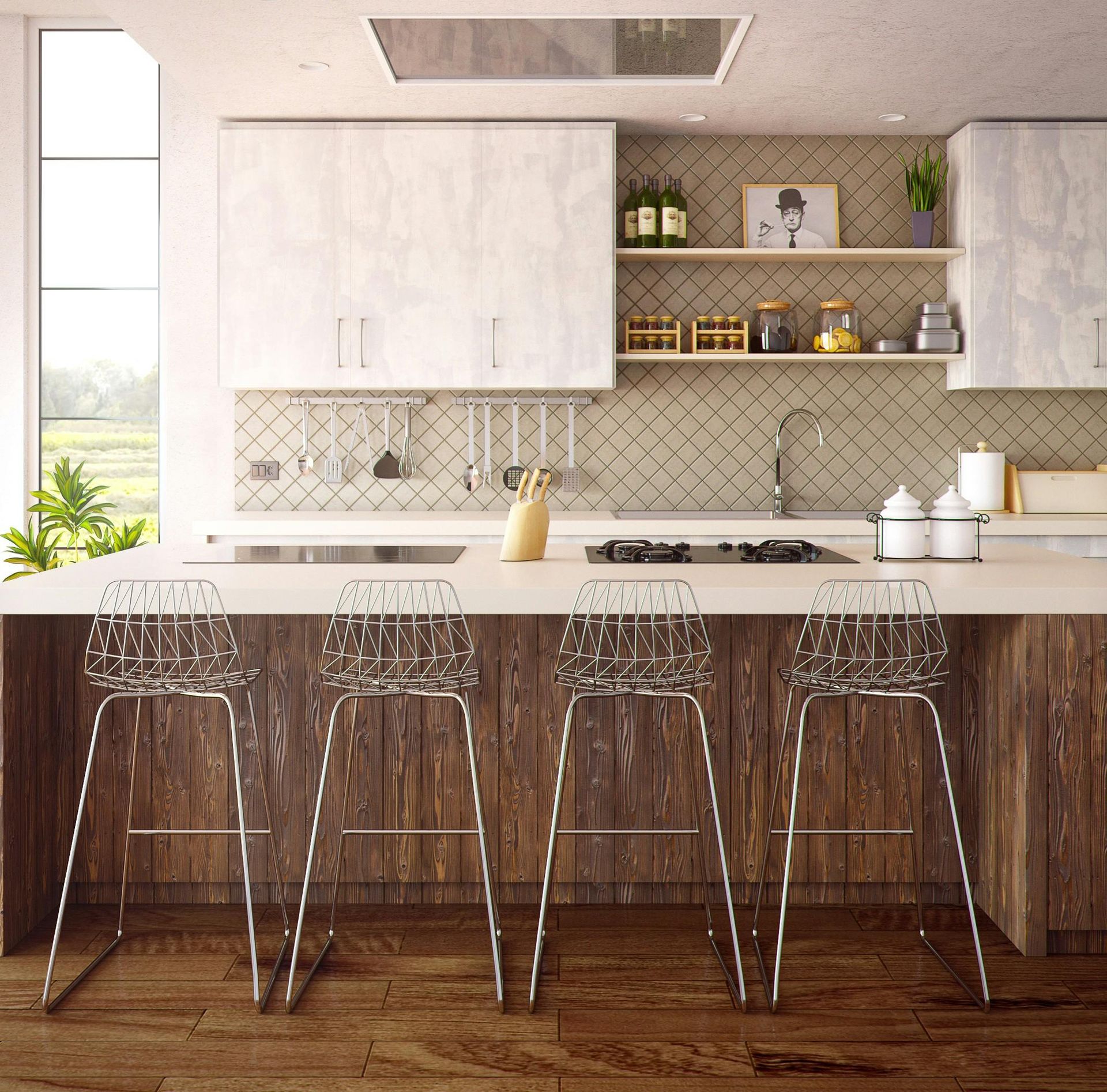 Kitchen with island, four clear wire bar stools, white cabinets, and wood paneling.