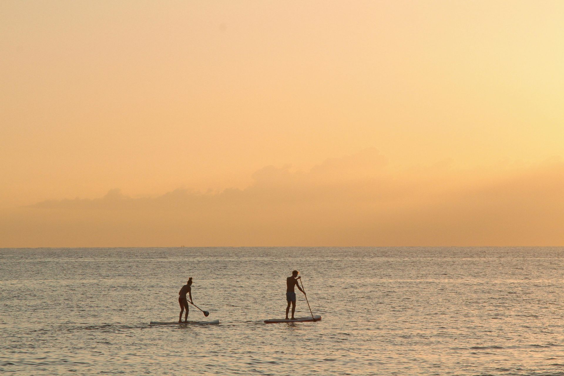 Two people stand on paddleboards on a calm ocean during a hazy golden sunset.