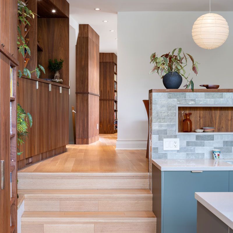 A kitchen with wooden cabinets and a plant on the counter