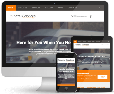A funeral services website is displayed on a computer , tablet , and phone.