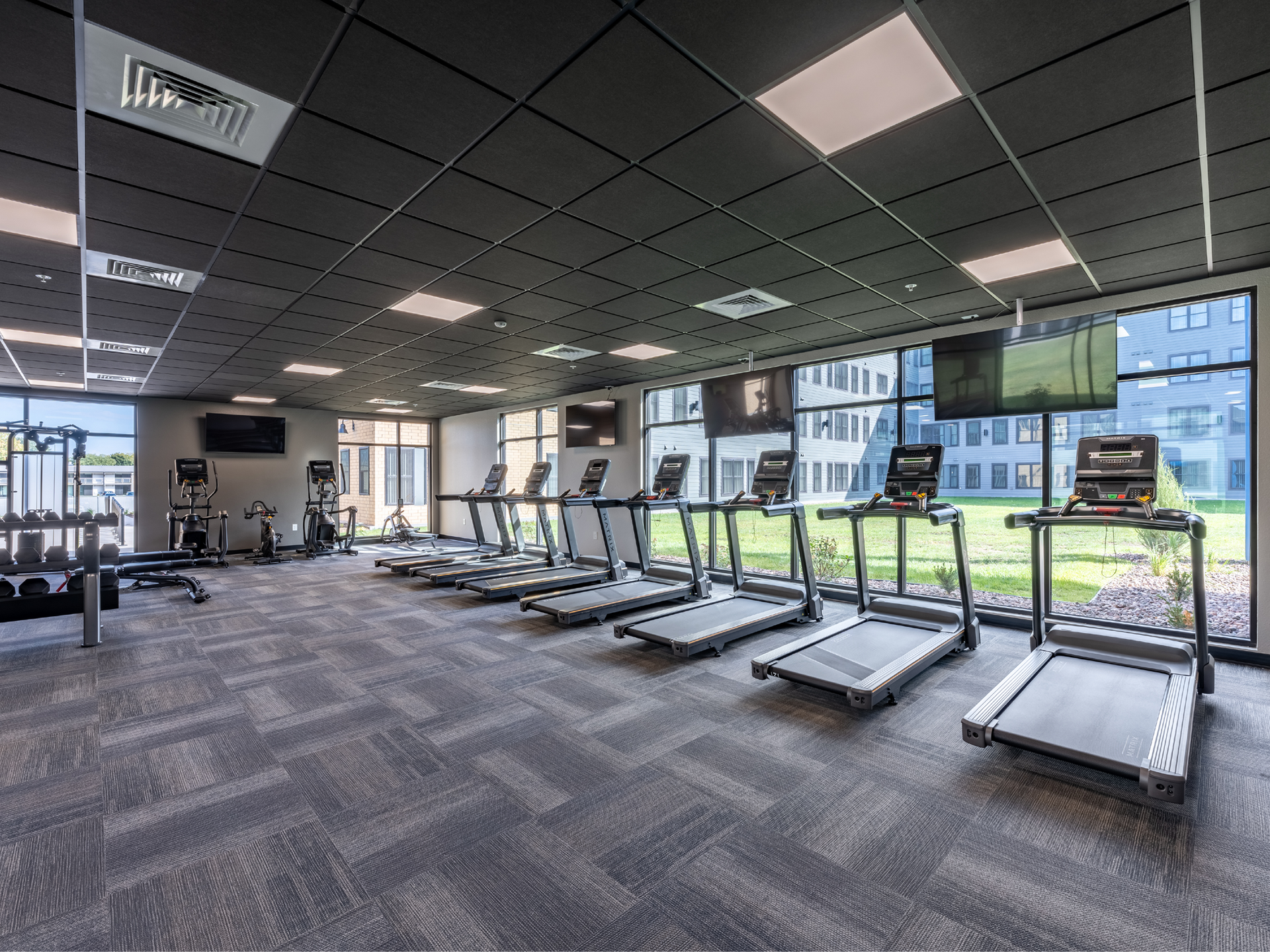 Fitness center with treadmills and weigh racks