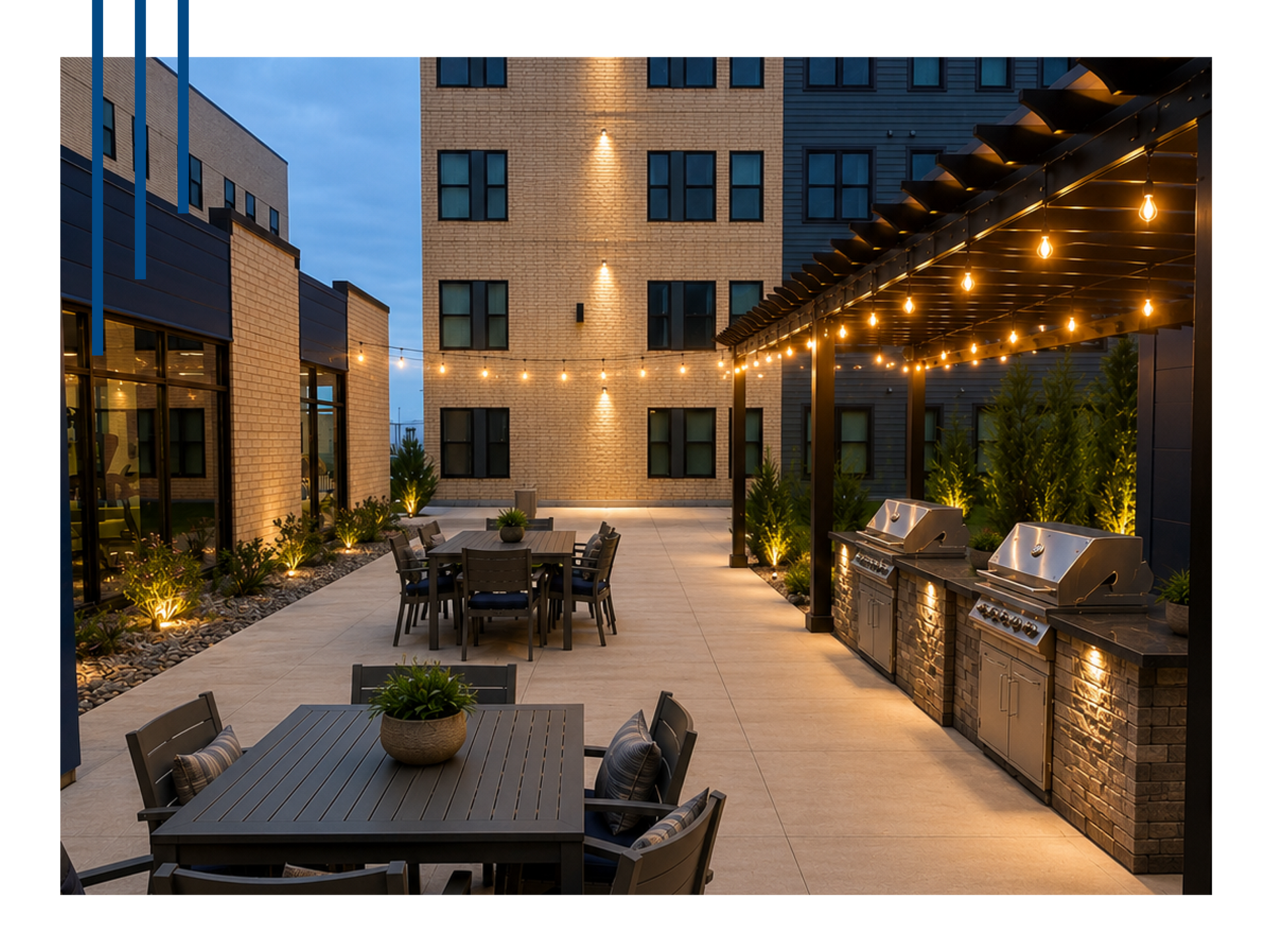 Renderings of an outdoor apartment grill space