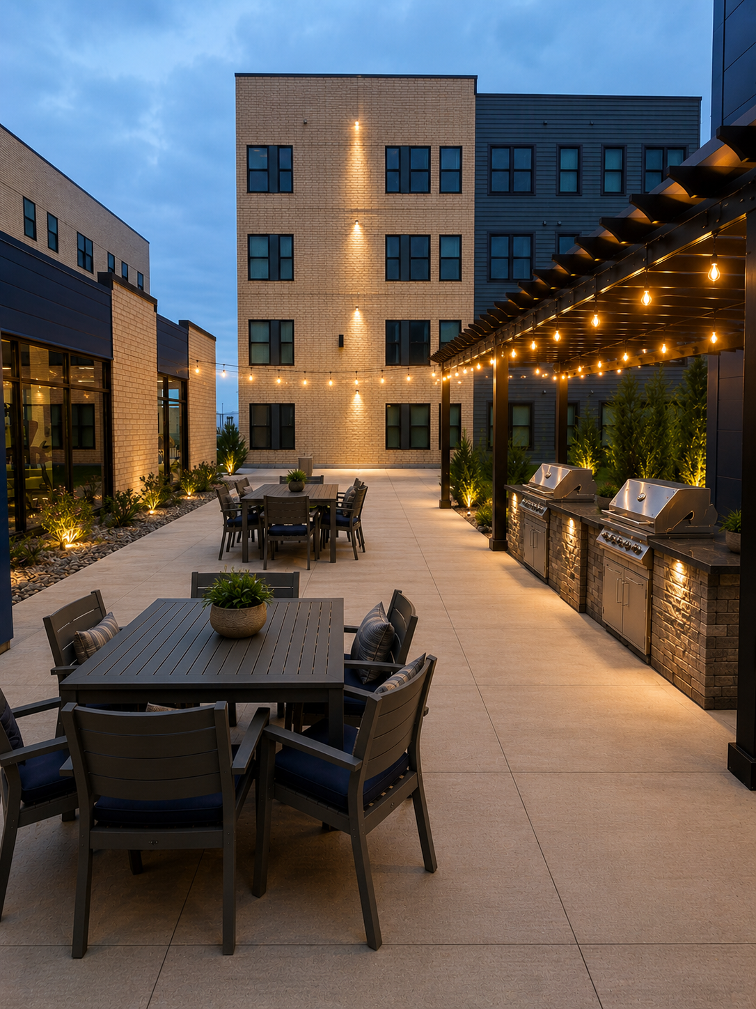 Rendering of an outdoor patio space with lights at night