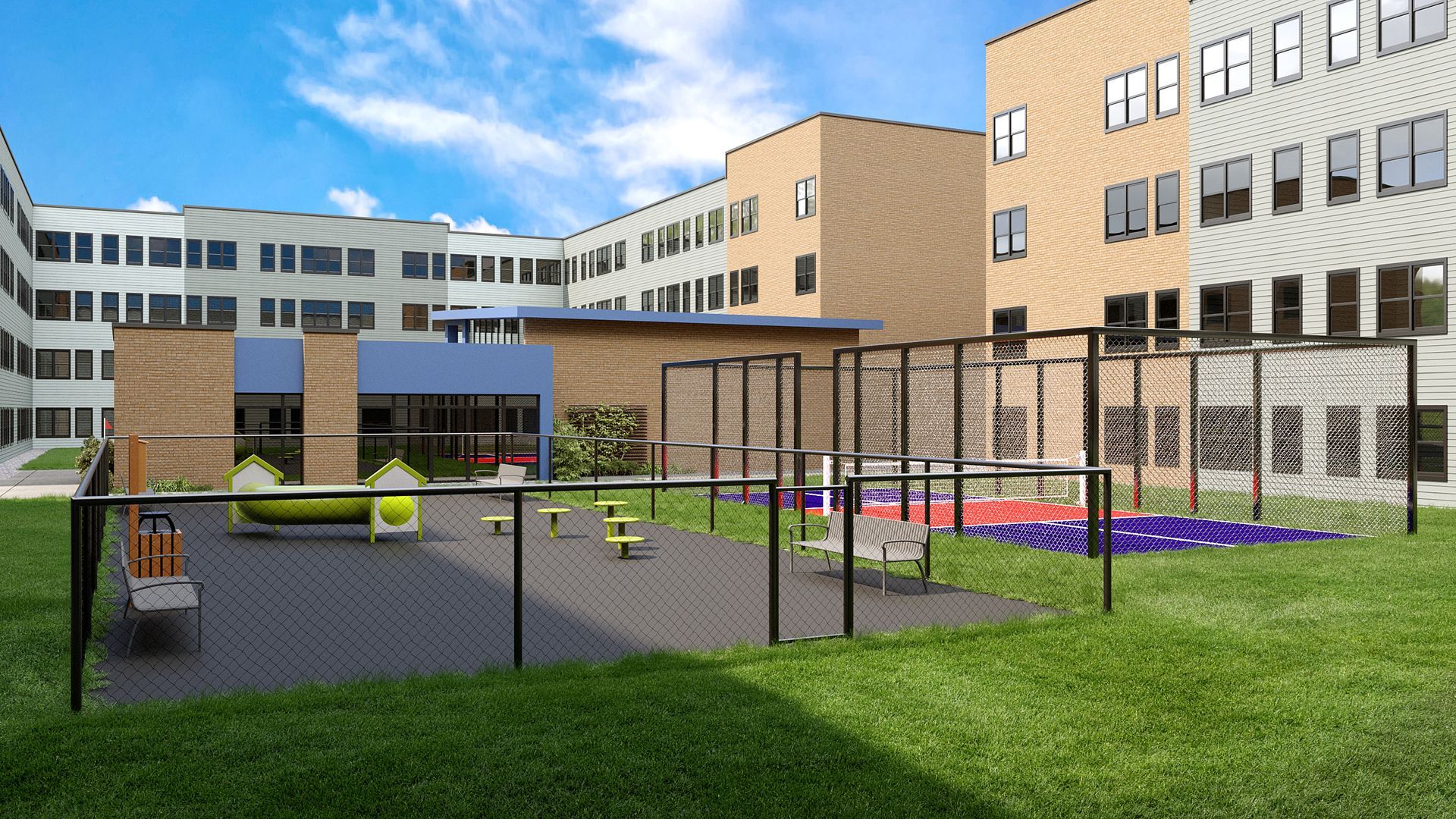 Apartment rendering of a dog park and pickleball courts