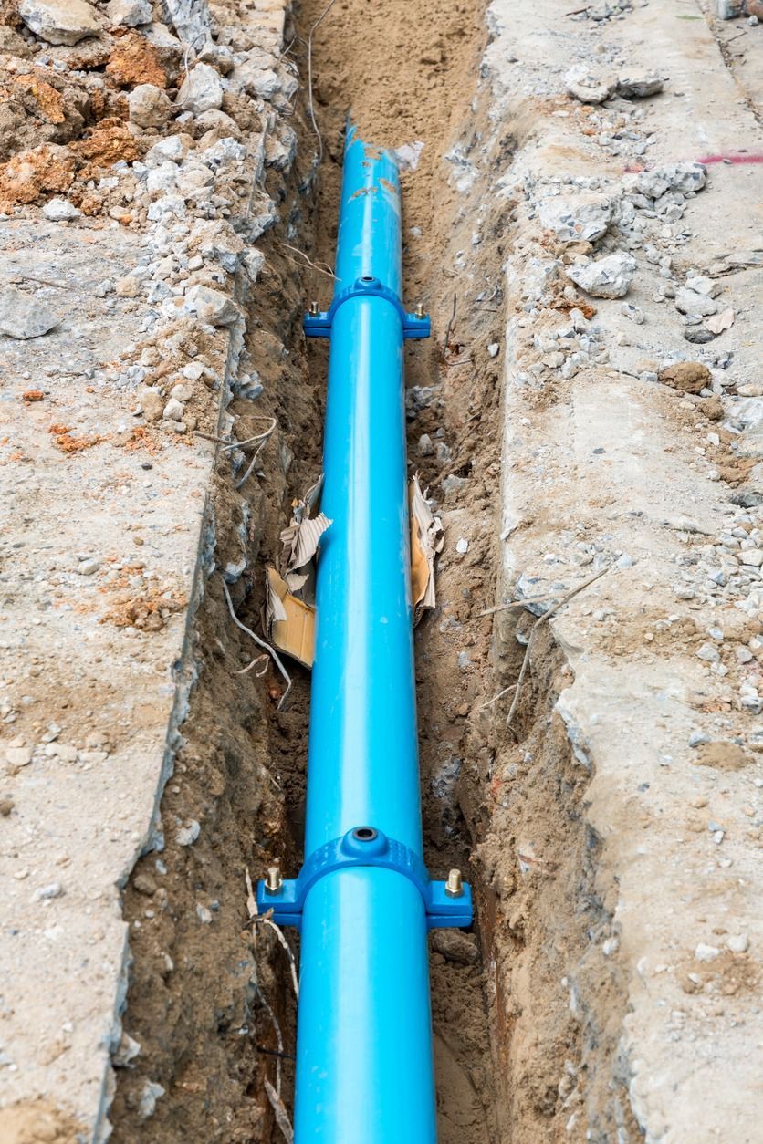 Blue underground pipe laid in a dirt trench with metal clamps on the sides