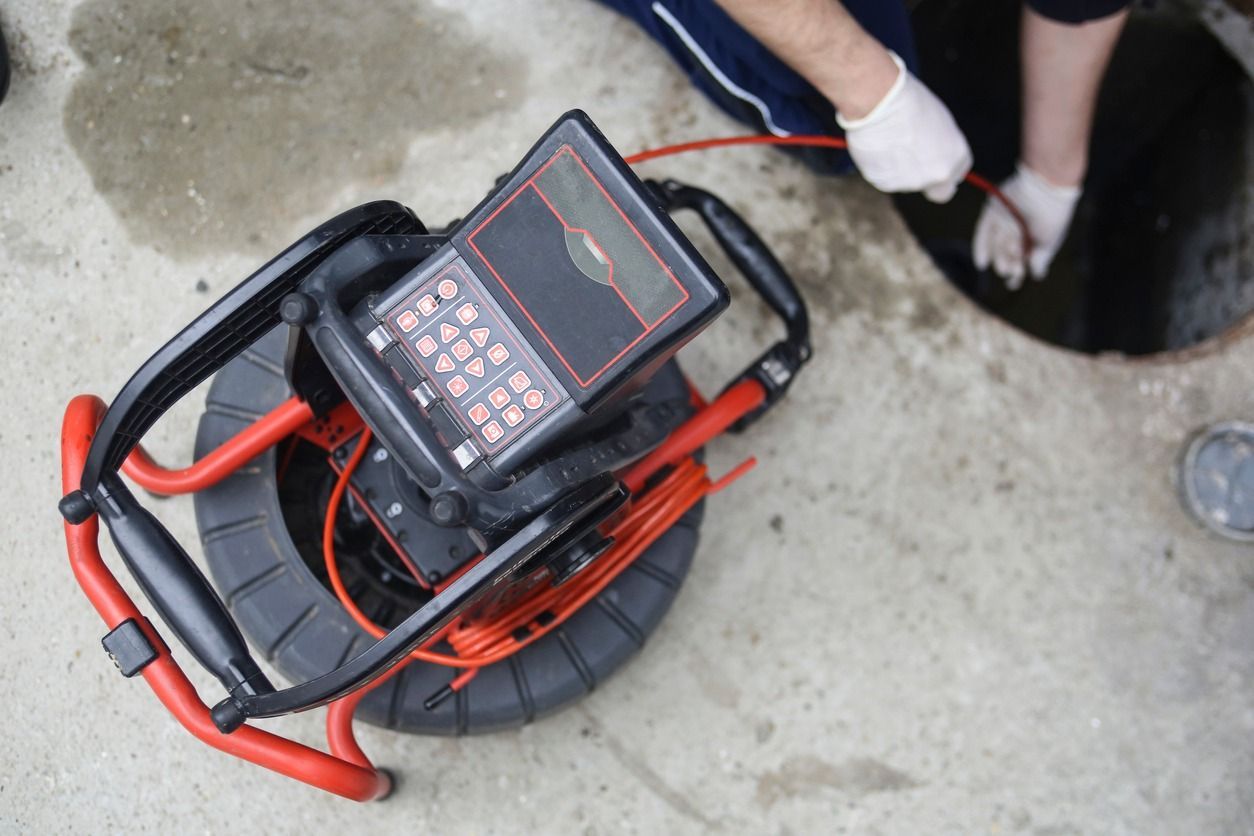 Portable handheld device with screen and keypad in a black-and-red carrying frame on concrete floor