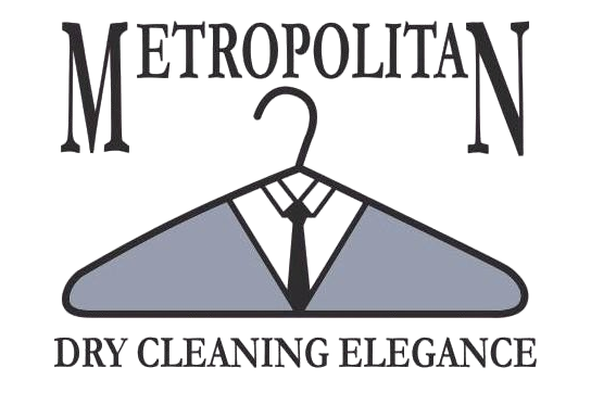 Logo for Metropolitan Dry Cleaning, featuring a hanger shaped like a dress shirt and tie with the text below.