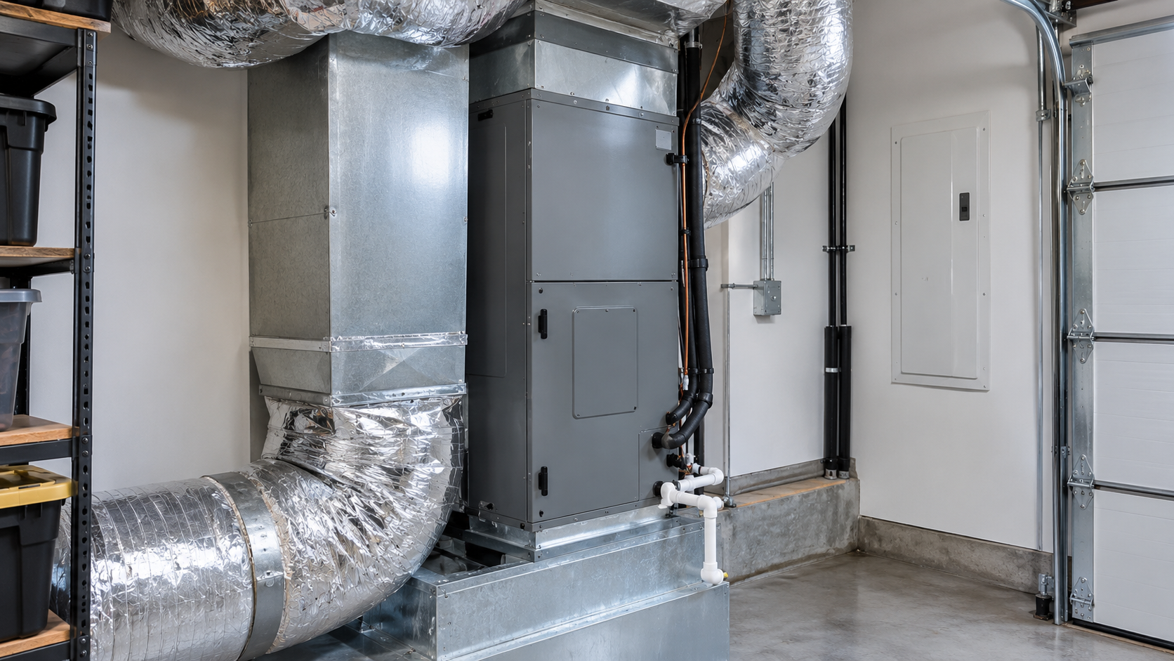 Mechanical room with HVAC ducts, metal furnace, shelving, and utility doors on a concrete floor.