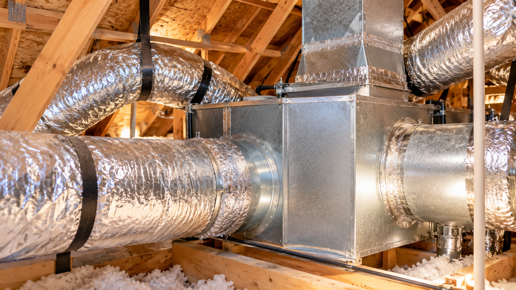 Silver HVAC ducts in an unfinished attic with exposed wooden rafters and insulation