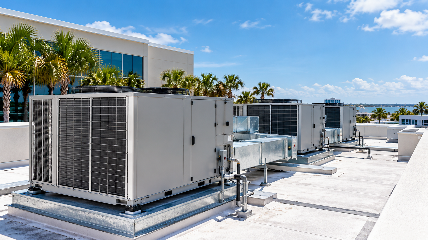 Rooftop HVAC units and ductwork beside a modern building under a blue sky