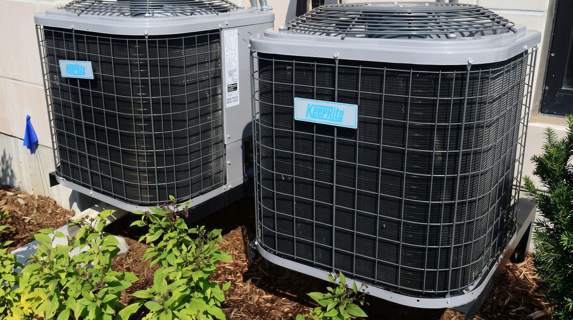 Outdoor air conditioning unit beside a house wall, with a toolbox on the ground and shrubs nearby