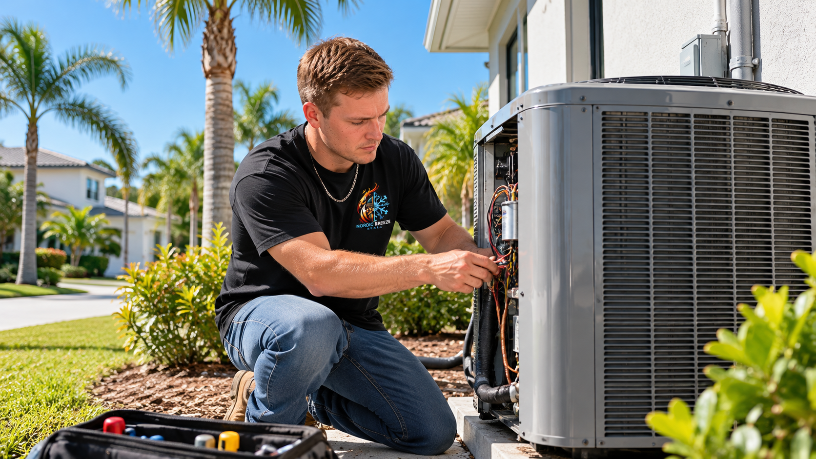 Technician cleaning the inside of a wall-mounted air conditioner in a bright living room