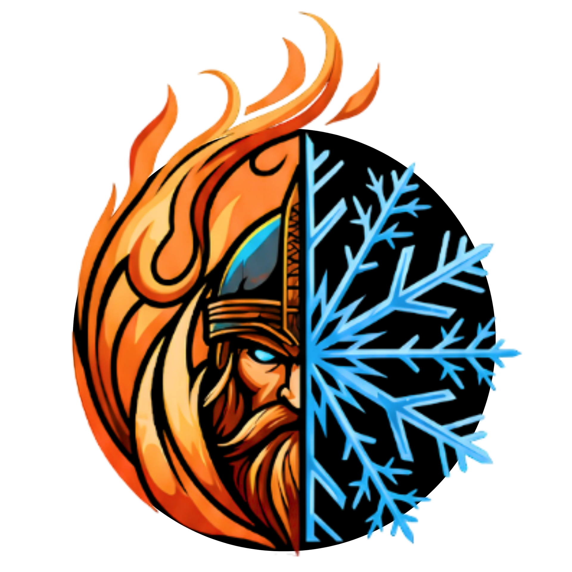 Split fire-and-ice circular logo with a Viking face, orange flames on one side and blue snowflakes on the other