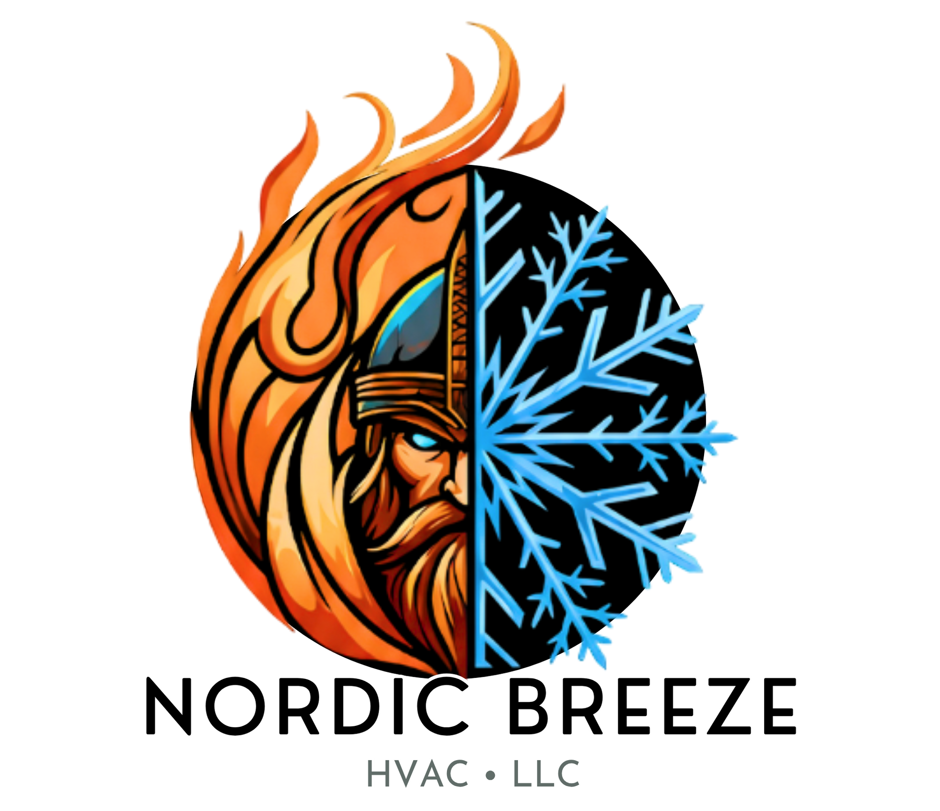 Nordic Breeze logo with a half-fire, half-ice warrior face and the text &ldquo;NORDIC BREEZE HVAC &bull; LLC&rdquo;