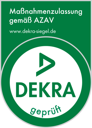 DEKRA seal: Green badge with white circle, DEKRA logo, and 