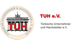 Logo türkischer Unternehmer und Handwerker in Berlin. Zeigt das Brandenburger Tor und „TUH e.V.“