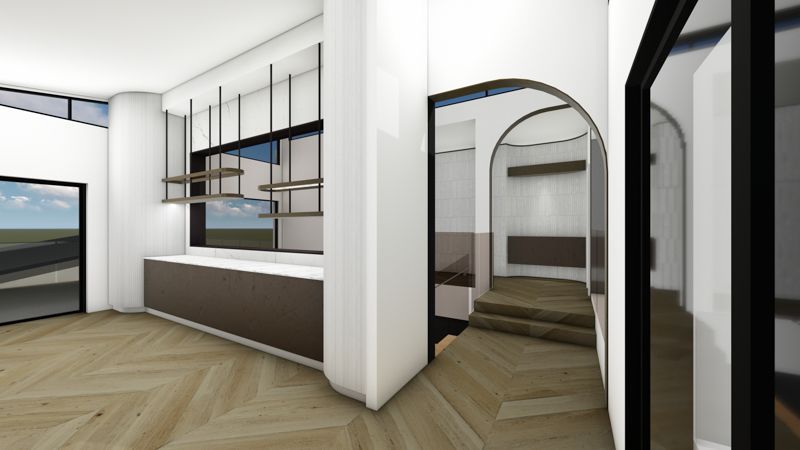 An artist 's impression of a living room with a wooden floor