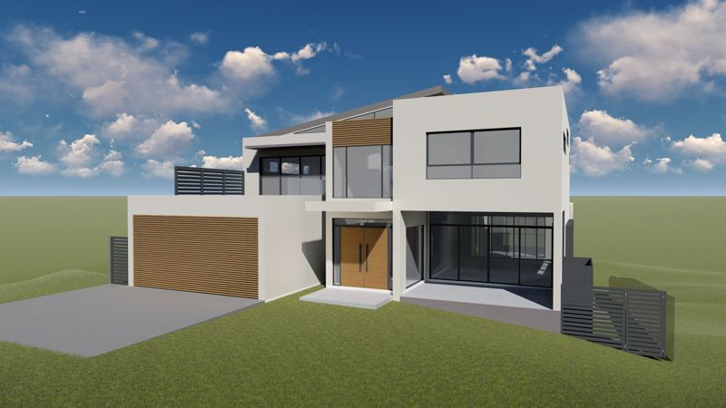 A 3d rendering of a modern house with a lot of windows and a garage.