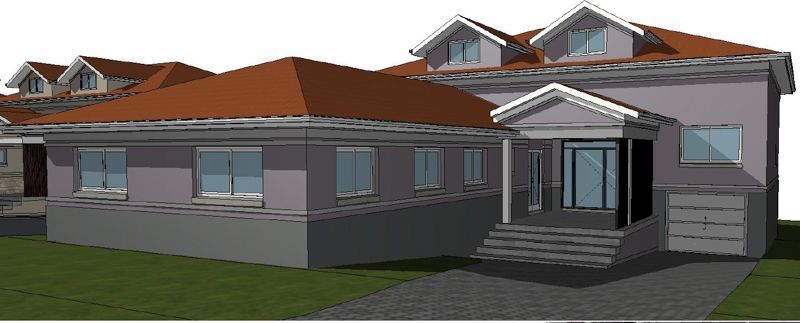 A 3d model of a house with a red roof