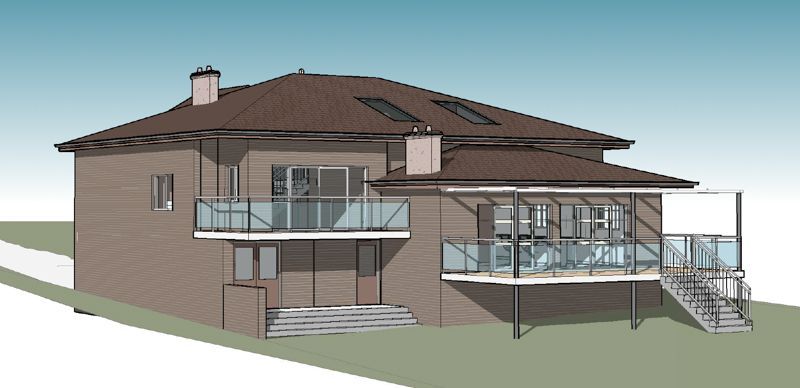 A 3d model of a house with a balcony and stairs