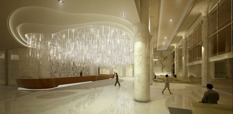 An artist 's impression of a hotel lobby with a large chandelier hanging from the ceiling.