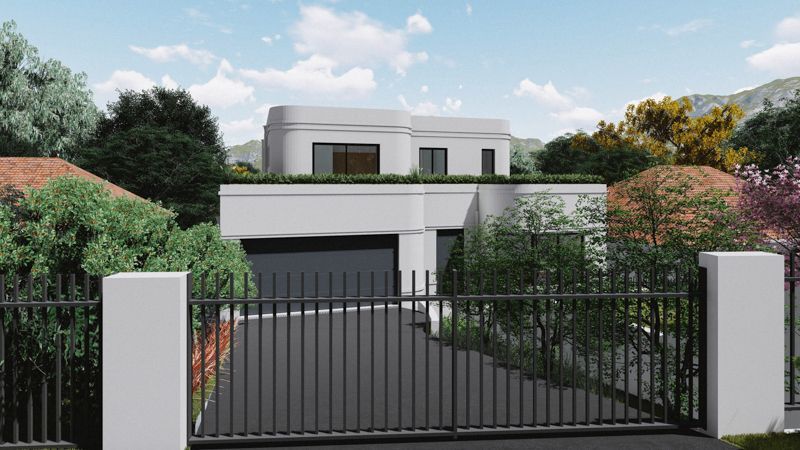 An artist 's impression of a white house with a black gate.