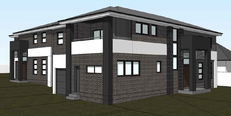 A 3d model of a brick house with a black roof.