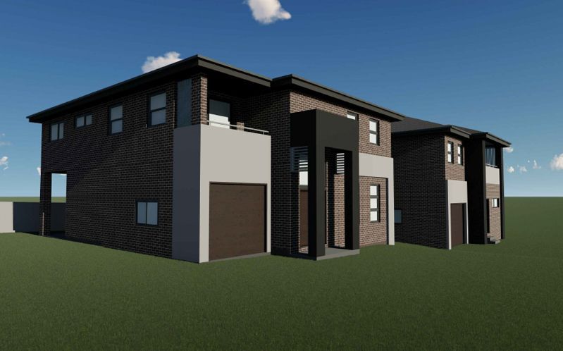 An artist 's impression of a brick house with a garage