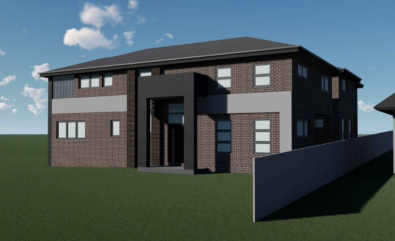 An artist 's impression of a large brick house with a fence in front of it.