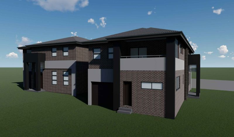 An artist 's impression of a brick house with a gray roof.