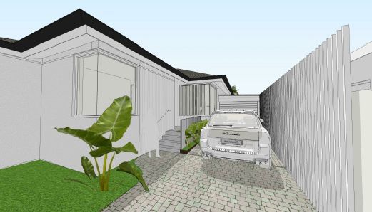 A car is parked in a driveway next to a house.