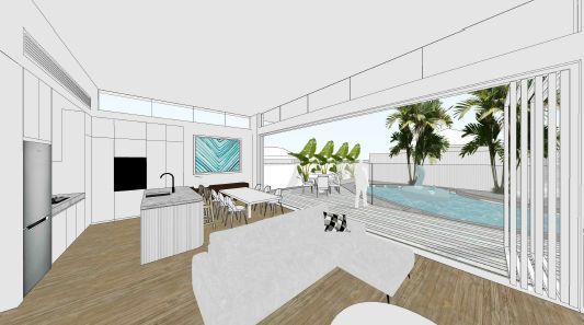 An artist 's impression of a living room with a swimming pool in the background.