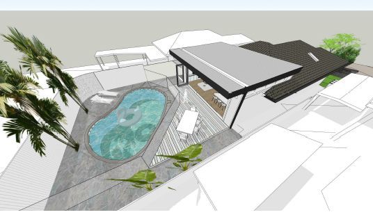 An aerial view of a house with a pool and palm trees
