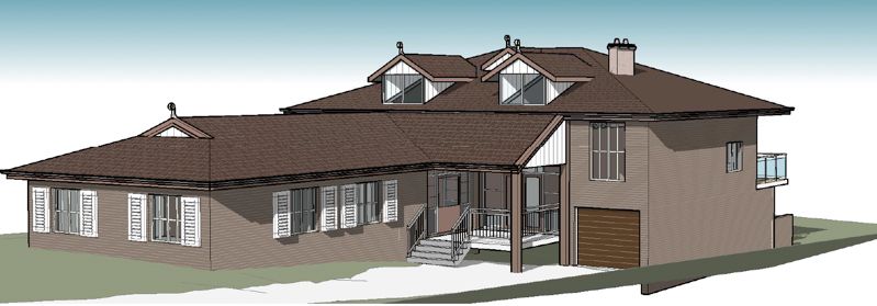 A 3d model of a house with a brown roof